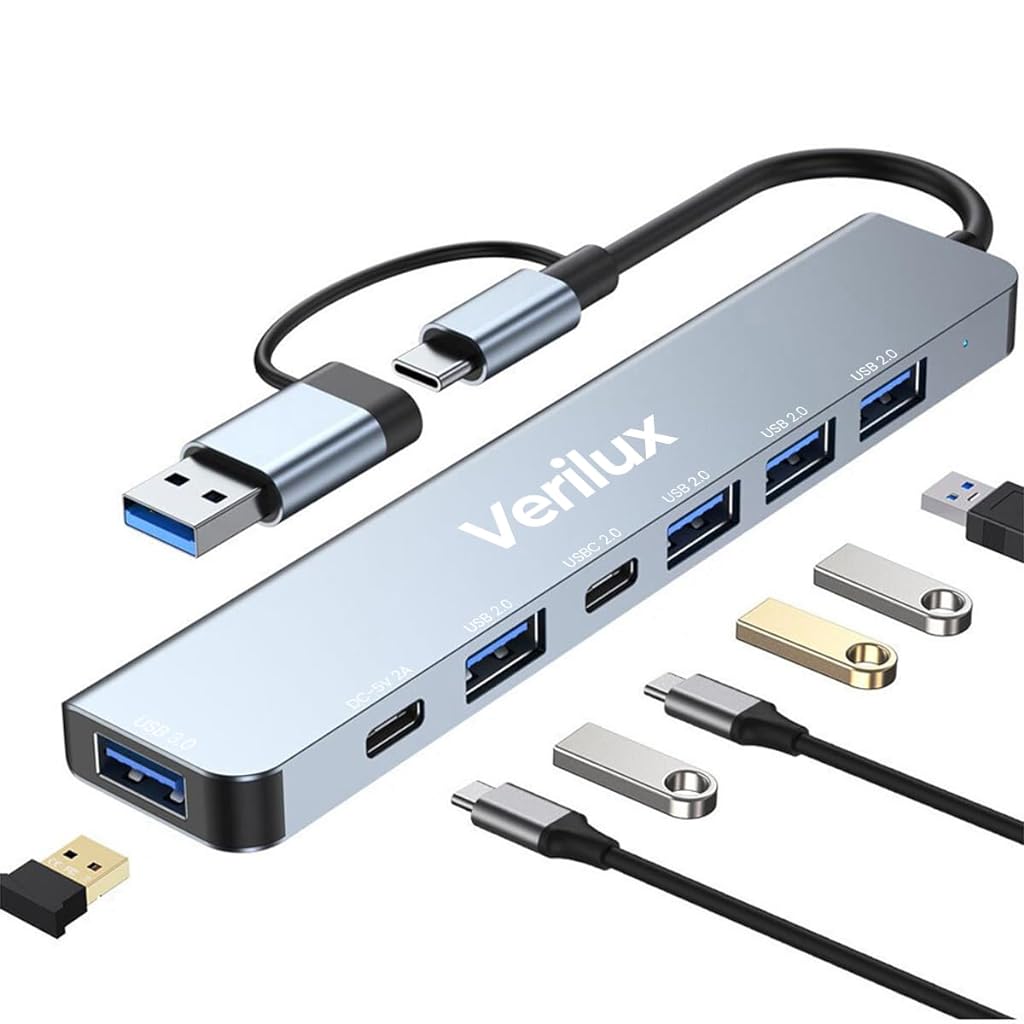 Verilux® USB Hub USB C Hub with USB Adapter 7 in 1 USB Hub for Data Transfer Universal USB C Hub with USB 3.0 Port & 3 USB 2.0 Ports, USB C Port Compatible with Laptop, MacBook Air, Mac Mini/Pro - verilux