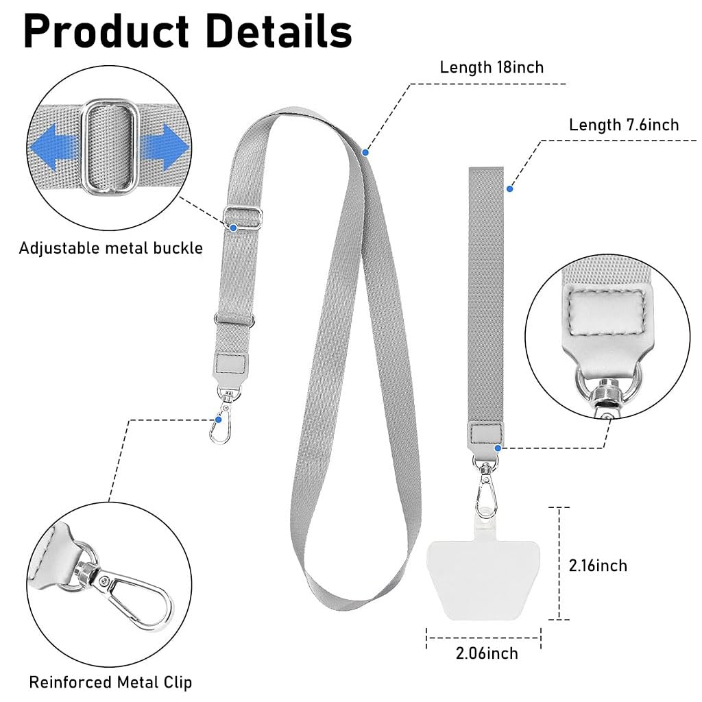 ZORBES® Phone Lanyard Phone Hand Strap Set Phone Neckstrap for All Phone Case Adjustable Grey Phone Sling with 2 Self-Adhesive Inserts Phone Sling Hand Strap, Not Includes Phone Case - verilux