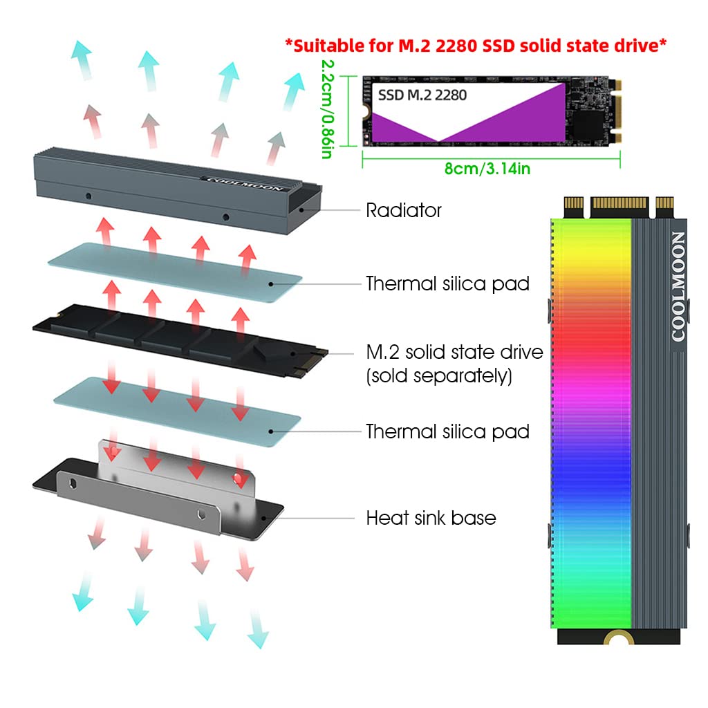 Verilux SSD Aluminum Cooler 5V ARGB M.2 2280 Heatsink SSD Aluminum Cooler for PCIE NVME NGFF or SATA 2280 M.2 SSD, Motherboard LED RGB Lights with Silicone Thermal Pad and SSD Not Included - verilux