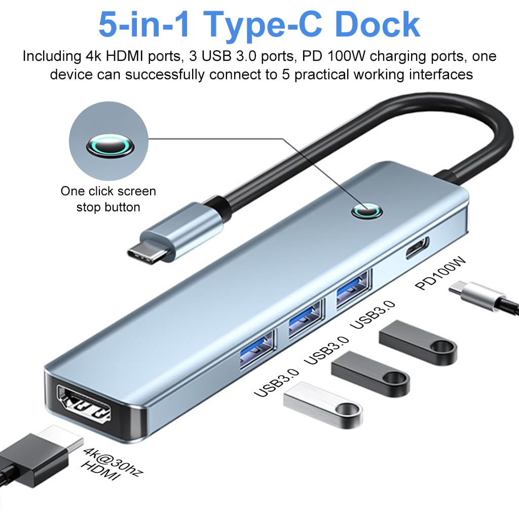 Verilux® USB C HUB 5 in 1 USB C to HDMI Adapter with 4K HDMI, 3.0 USB Adapter Multiple Port PD 100W Charging One-Button Screen Off USB Type C Hub for Laptop, MacBook Pro Air, iPhone 15 Max Pro Plus - verilux