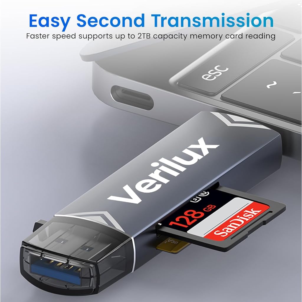 Verilux® SD Card Reader Dual Head Type C & USB 3.0 Card Reader Fast Reading Compatible with SD/TF Card Dual Card Slot Design Universal Card Reader Compatible with Phone, Laptop, PC, Tablet - verilux