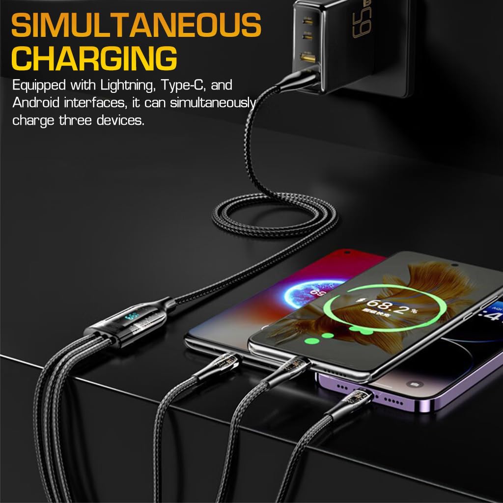 Verilux® 3 In 1 USB Charging Cable, Heavy Duty 66W Fast Charging Cable Cord With Type C/Light-ning/Micro, LED Display Multi Chubby Cable USB Charging Cable for Iphone/Ipad/Tablets/Samsung Galaxy - verilux