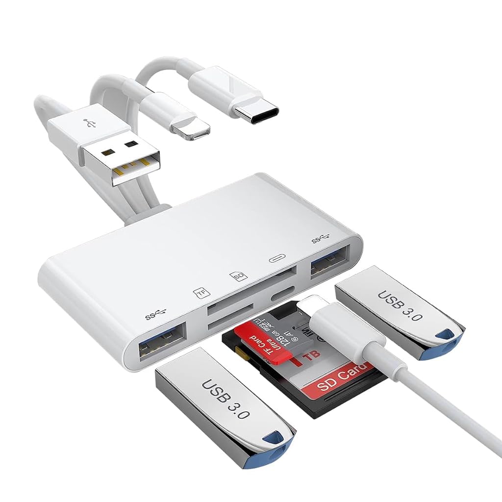 Verilux® Card Reader 5 in 1 SD Card Reader Micro SD Card Reader with Light-ning Port and 2 USB3.0 Ports Memory Card Reader Support Charging and High Speed Transfer for iPhone, iPad, PC, Laptop - verilux