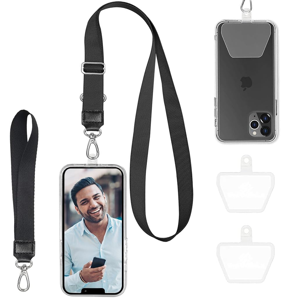 ZORBES® Phone Lanyard Phone Hand Strap Set Phone Neckstrap for All Phone Case Adjustable Black Phone Sling with 2 Self-Adhesive Inserts Phone Sling Hand Strap, Not Includes Phone Case - verilux