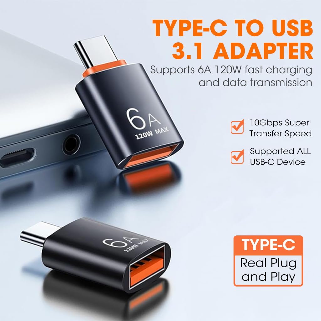 Verilux® 2Pcs OTG USB Type C Adapter, Type C to USB 3.0 Adapter USB C Connector Support 6A 120W Fast Charging & Data Transmission USB to Type C Adapter for Laptop, Tablet, Type C Phone - verilux