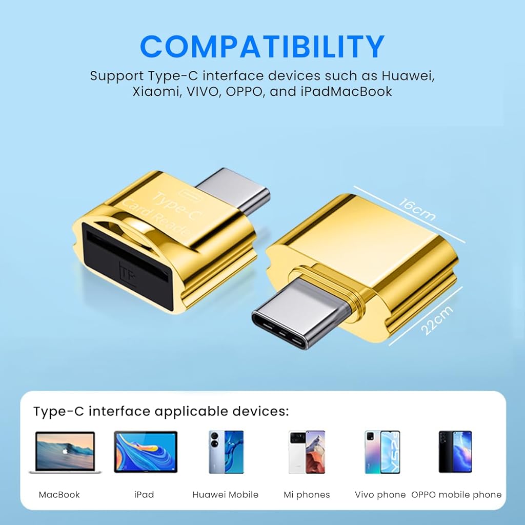 Verilux® TF Card Reader Type C Micro TF Card Reader Golden TF Card Reader with Keychain USB C to Micro SD SDHC SDXC OTG Memory Reader, Compatible with Phone with OTG Function, Instant TF Card Reader - verilux