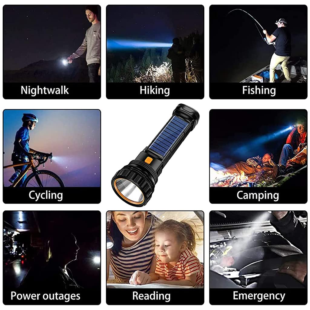 Verilux ELEPHANTBOAT 1200mAh Solar Torch Light, 1000 Lumens Small Torch Light with Side Light USB Charging Emergency Flashlight with Flash Mode Mini Torch Light for Camping, Work, Fishing