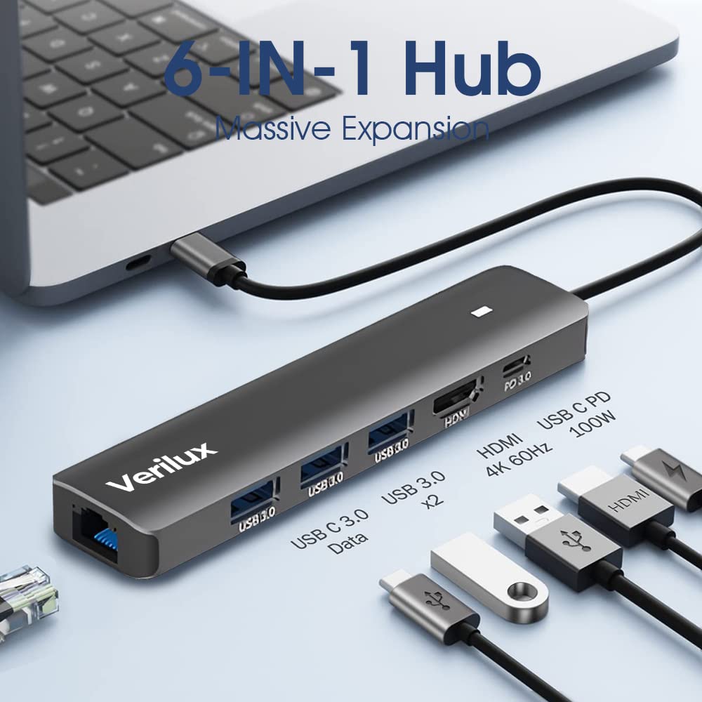 Verilux® USB C Hub, 6 in 1 USB C to HDMI Adapter with 1000M Ethernet, 100W Power Delivery PD Type C,3 USB 3.0 Ports Adapter Compatible