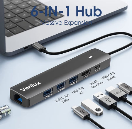 Verilux® USB C Hub, 6 in 1 USB C to HDMI Adapter with 1000M Ethernet, 100W Power Delivery PD Type C,3 USB 3.0 Ports Adapter Compatible