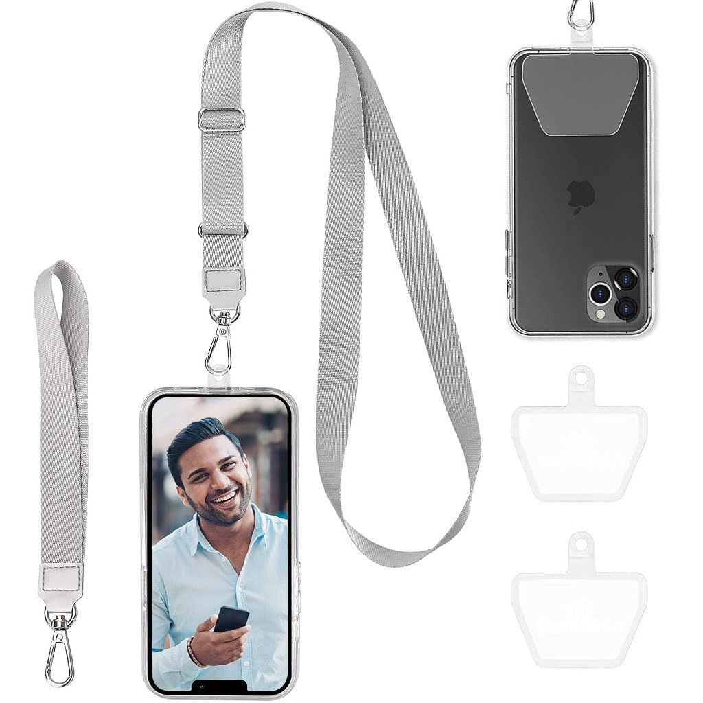 ZORBES® Phone Lanyard Phone Hand Strap Set Phone Neckstrap for All Phone Case Adjustable Grey Phone Sling with 2 Self-Adhesive Inserts Phone Sling Hand Strap, Not Includes Phone Case - verilux