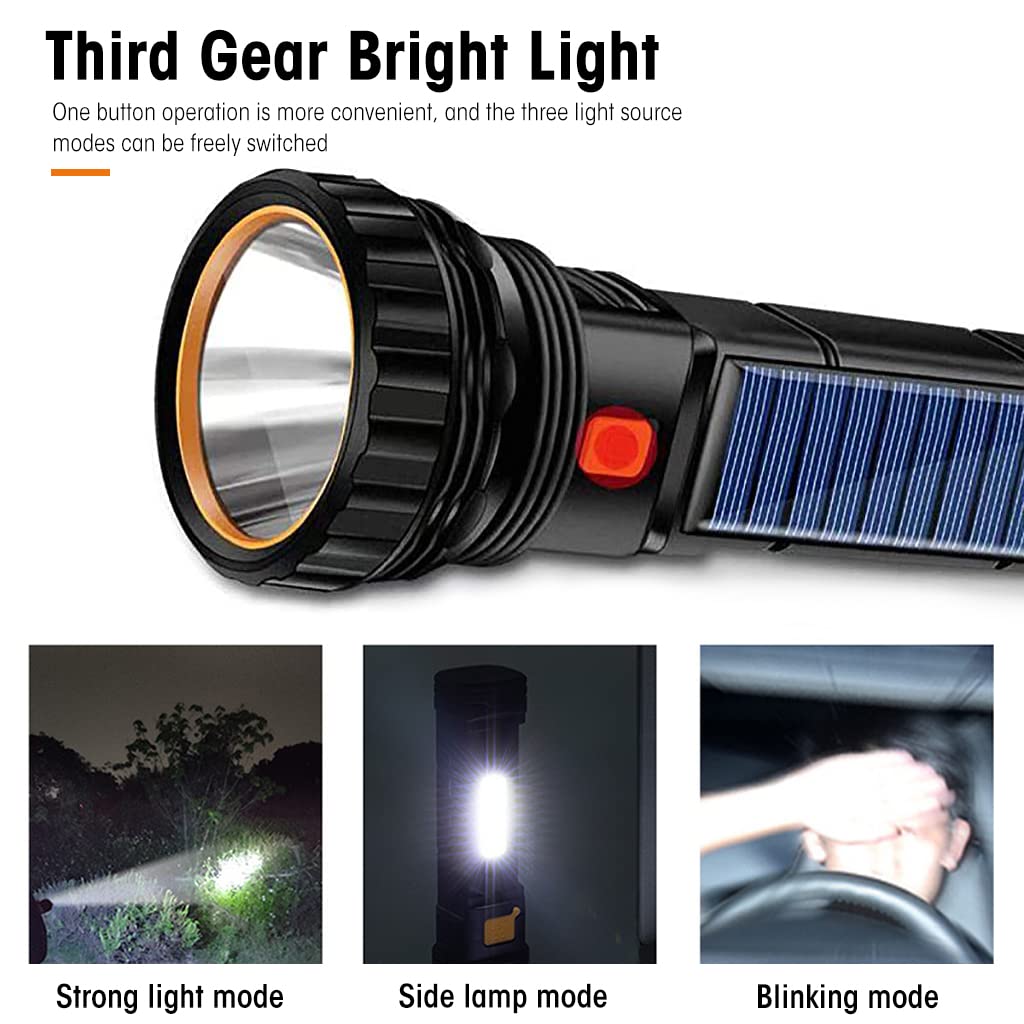 Verilux ELEPHANTBOAT 1200mAh Solar Torch Light, 1000 Lumens Small Torch Light with Side Light USB Charging Emergency Flashlight with Flash Mode Mini Torch Light for Camping, Work, Fishing