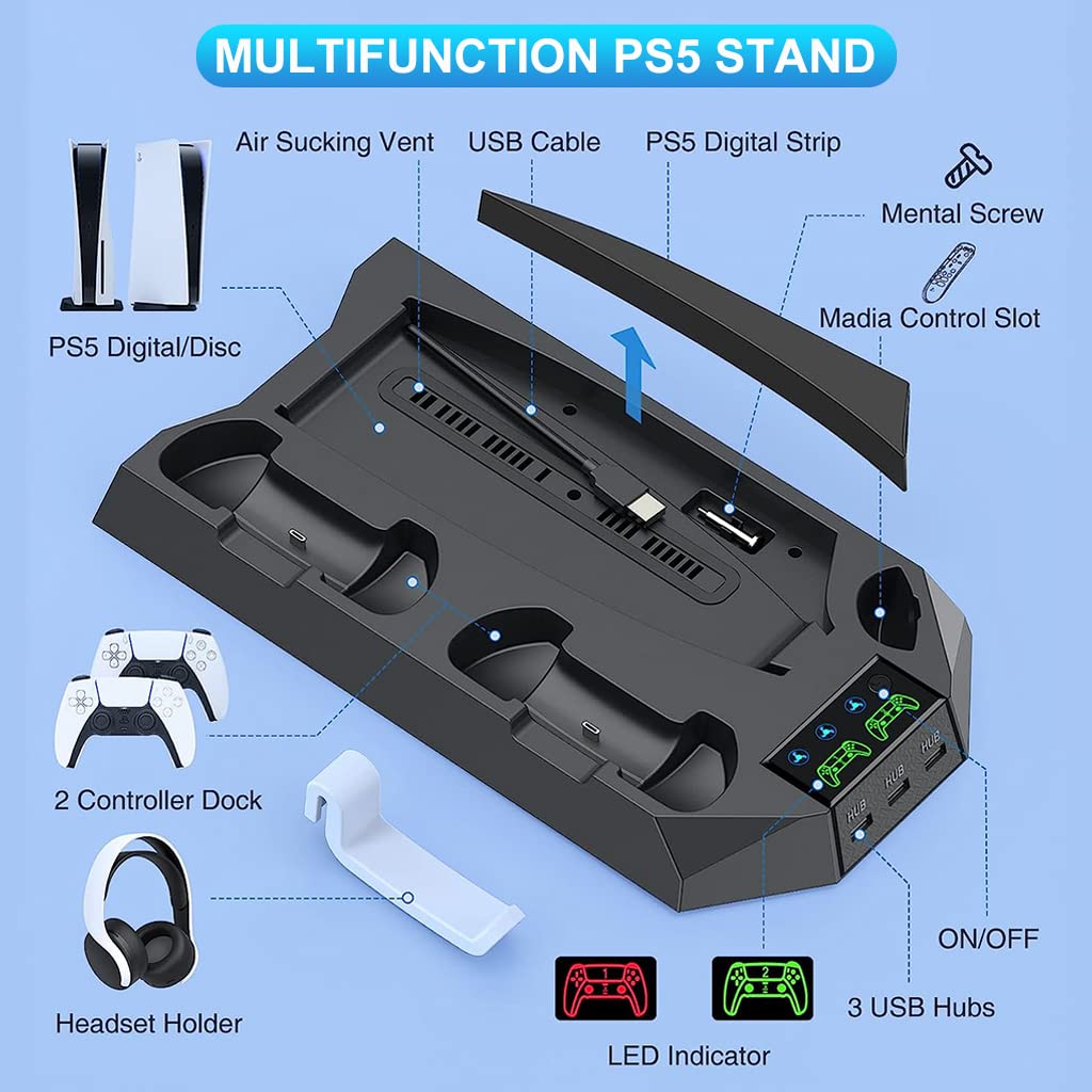 ZORBES® PS5 Cooling Stand with Charging Station, Playstation 5 Console Cooling Stand with Controller Charger, PS5 Console PS5 Stand Cooling Station with 3 USB Ports for Playstation 5 Games