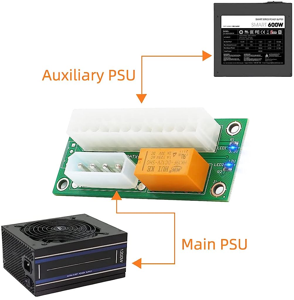 Verilux Upgrade Dual PSU Multiple Power Supply Adapter,Synchronous Power Board,Add 2PSU with Power LED to Molex 4 Pin Connector-Ethereum Mining Rig Dual Power Supply Connector for BTC/Bitcoin Mining