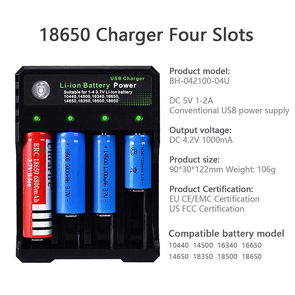 Verilux 18650 Battery Charger, 4 Bay Fast Charge, USB Intelligent Universal Rechargeable Battery Charger for 3.7V Li-ion TR IMR 10440 14500 16650 14650 18350 18500 16340(RCR123) Batteries