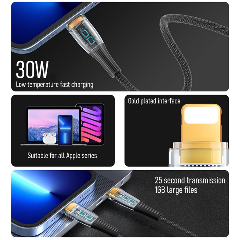 Verilux® Type C to Light-ning Cable 3.9Ft USB C to Light-ning Cable Transparent Design i-phone Charger Cable 30W Fast Charging for i-Phone 14/14 Pro/14 Pro Max/13 12 Pro Max/11/ SE/XR, AirPods, iPad - verilux