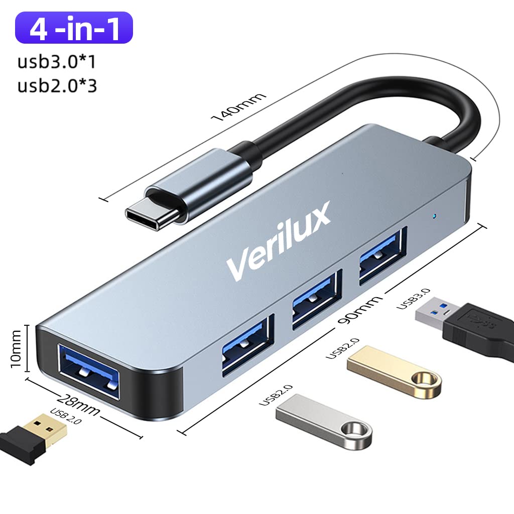 USB C Hub, 4 in 1 Multiport USB C Adapter with 1x USB 3.0, 3xUSB 2.0, Aluminum USB Type C Hub