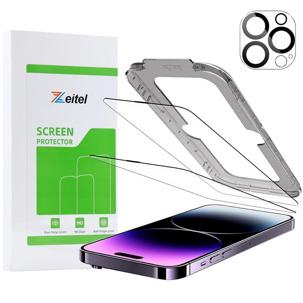 Zeitel® Tempered Glass Suitable for iPhone 14 Pro Max 6.7 Inch with Anti Fingerprint Screen Protector Auxiliary Installation Kit 2 Scratch Resistant Screen Protectors and 1 Lens Protector - verilux