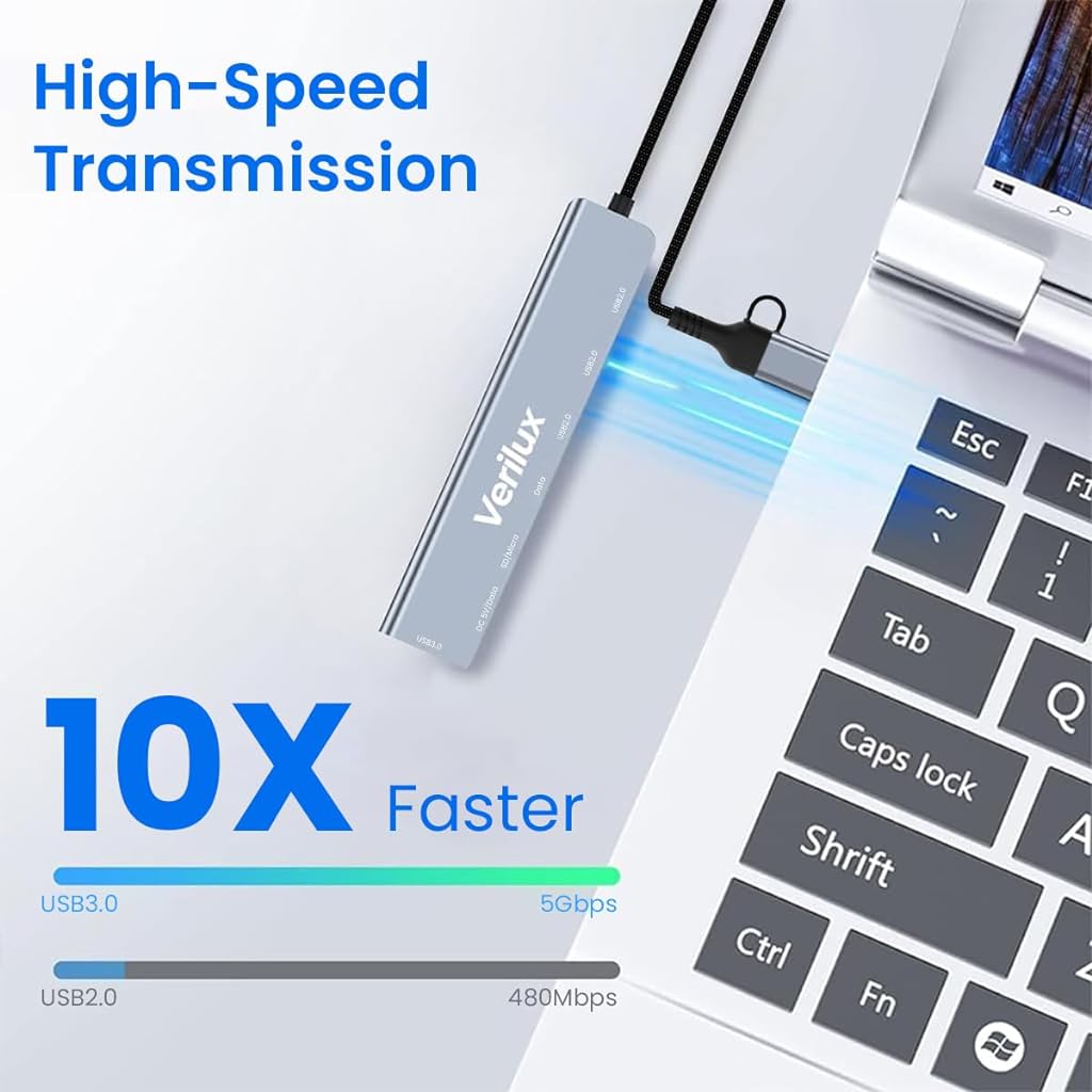 Verilux® USB HUB 3.0 for PC 8 in 1 USB C HUB for MacBook Pro Air with 2.0/3.0 USB Adapter Multiple Port, SD/TF Card Reader, PD 100W & Data Port USB Type C Hub for Laptop 20cm USB Hub Long Cable - verilux