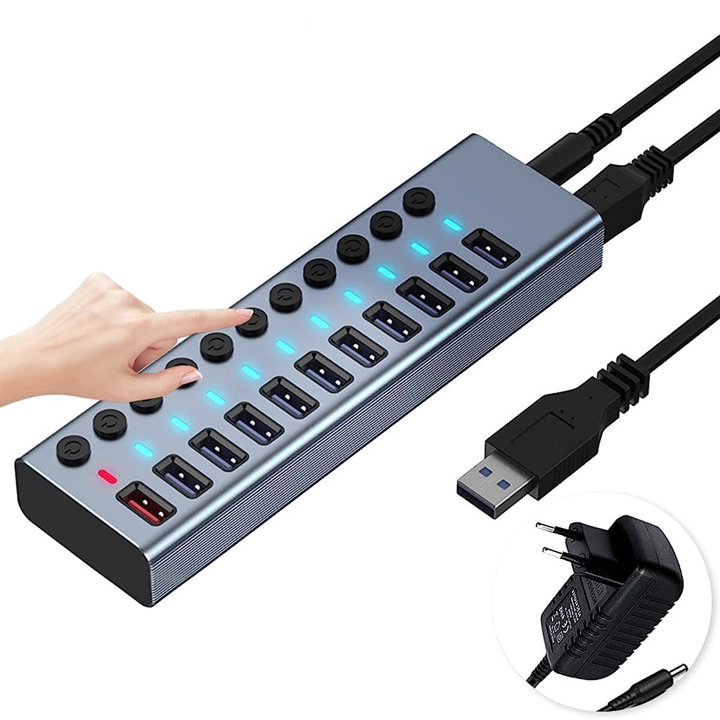  Multi Port Splitter, 7 Port USB 2.0 Hub, USB A Port Data Hub  with Independent On/Off Switch and LED Indicators, Lights for Laptop, PC,  Computer, Mobile HDD, Flash Drive and More (