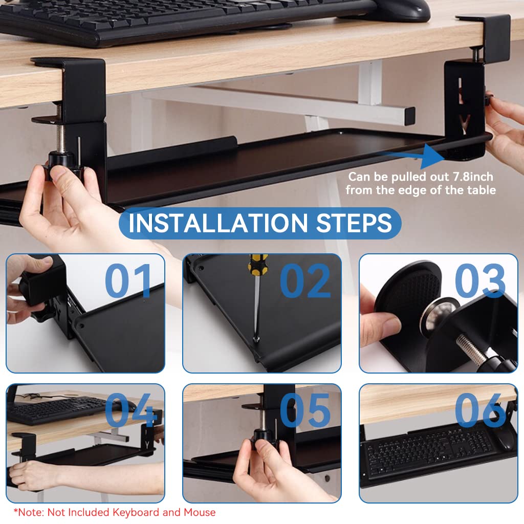 Verilux Keyboard Stand with Mouse Mat, Keyboard Tray Under Desk, Pull Out Keyboard Rack, Nail-Free Installation Drawer Style Keyboard Rack Clamp Mount Pull Out Keyboard Holder for PC/Office Desk