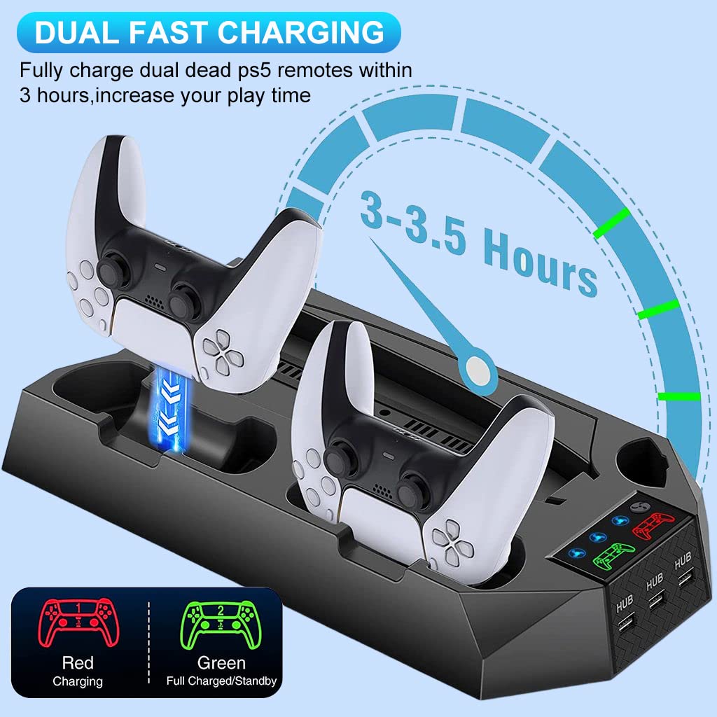 ZORBES® PS5 Cooling Stand with Charging Station, Playstation 5 Console Cooling Stand with Controller Charger, PS5 Console PS5 Stand Cooling Station with 3 USB Ports for Playstation 5 Games