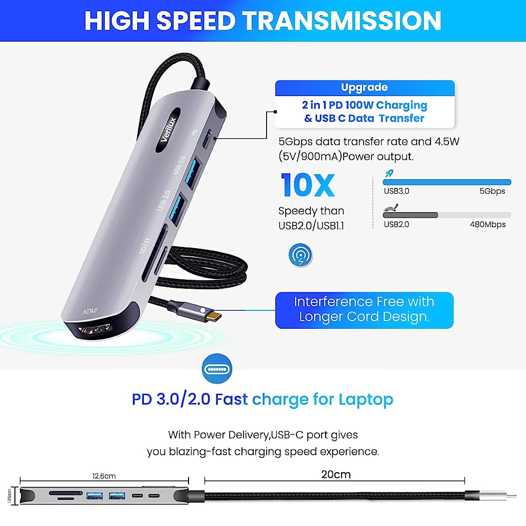 Verilux USB C HUB 6 in 1 Type C HDMI Adapter Type C Hub with 4K@30Hz HDMI, USB 2.0/3.0 Port, SD/TF Card Reader, 2 in 1 PD 100W & USB C Data Port for Laptop, MacBook Pro/Air M1&M2 (20cm Braided Cable) - verilux