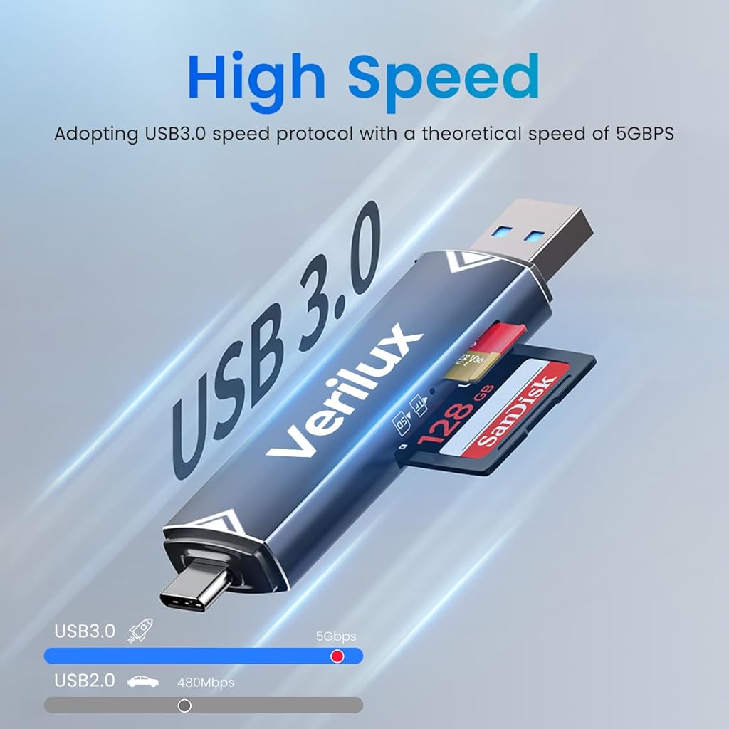 Verilux® SD Card Reader Dual Head Type C & USB 3.0 Card Reader Fast Reading Compatible with SD/TF Card Dual Card Slot Design Universal Card Reader Compatible with Phone, Laptop, PC, Tablet - verilux