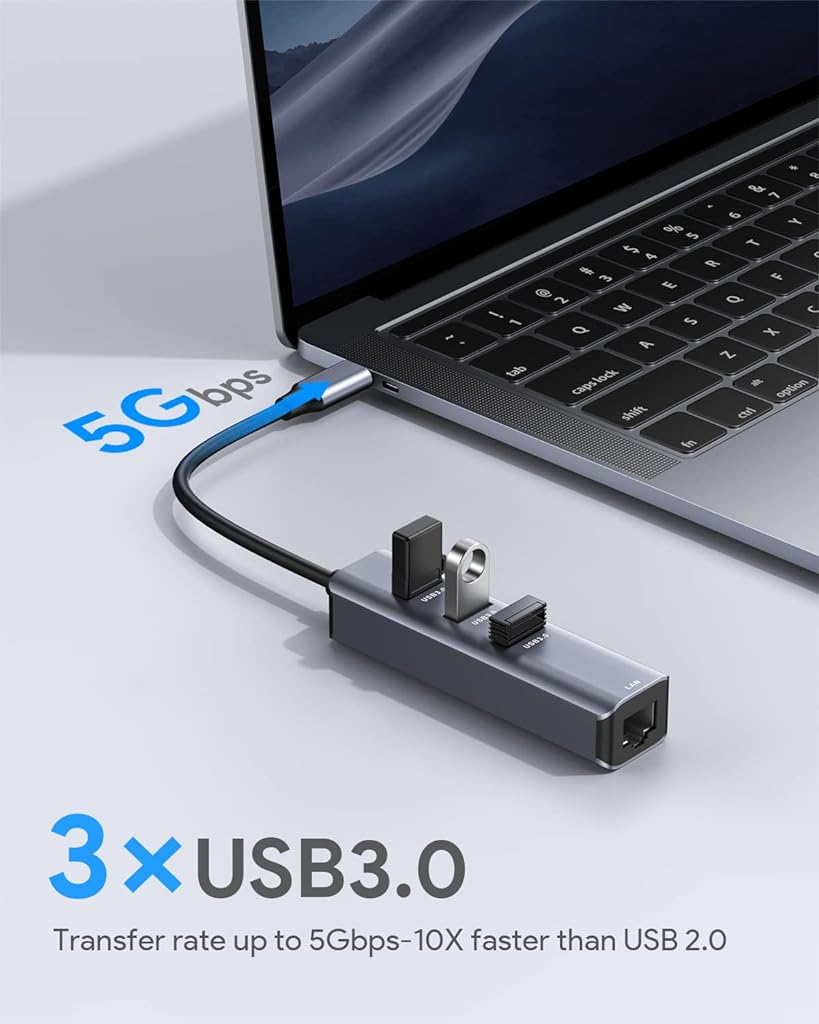 Verilux® 4 IN 1 TYPE-C to Ethernet Adapter, USB 3.0,RJ45 to USB C Thunderbolt 3 Gigabit Ethernet LAN Network Adapter, Compatible for MacBook Pro 2017-2021, MacBook Air, Dell XPS and More TYPE-C Device - verilux