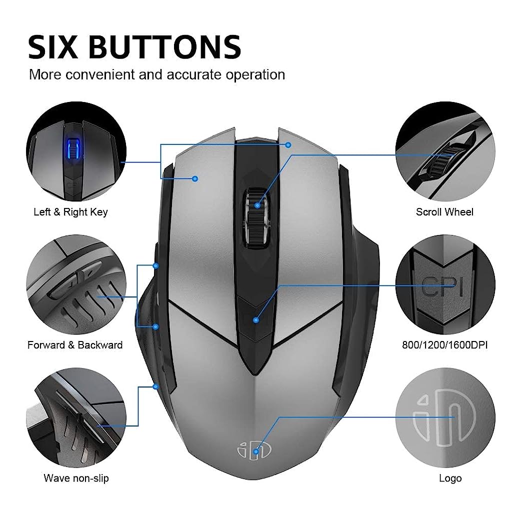 Verilux Wireless Mouse Rechargeable, Ergonomic USB 2.4G Cordless Mice PC Laptop Computer Mouse with 6 Buttons, 1600DPI 3 Adjustment Levels for Windows Mac MacBook Linux