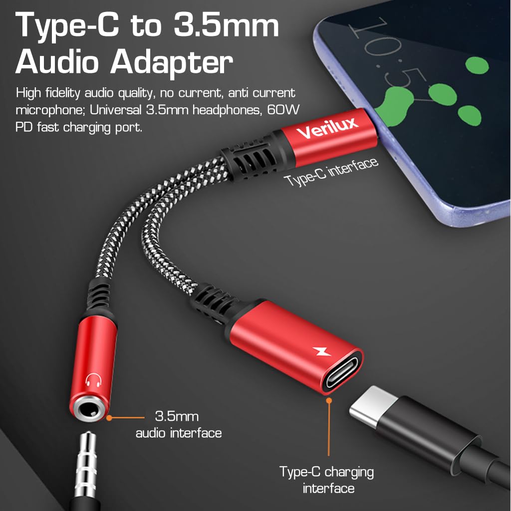Verilux® USB C to 3.5mm Jack Audio Adapter, 2 in 1 Type C to Aux Audio Jack with 60W PD Fast Charging, Sound Card Game Audio Adapter Compatible with Galaxy S22 S21 Ultra 5G S20 S20+ Plus Note 20 - verilux