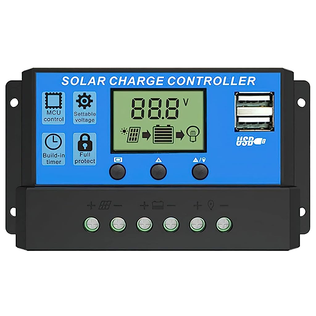 Verilux 20A 12V/24V Solar Charge Controller Solar Panel Controller Intelligent Regulator with Dual USB Port 5V Light Timer Control LCD Display