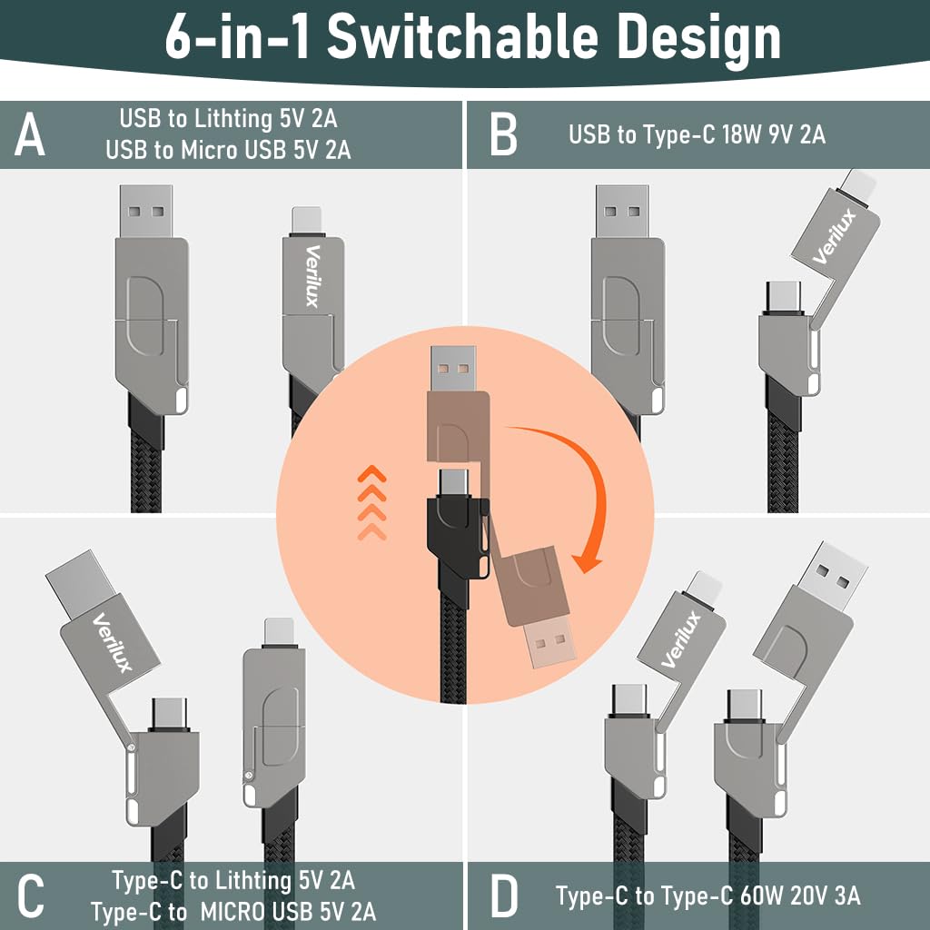4 in 1 USB/Type C to USB C/Light- ning Charging Cable