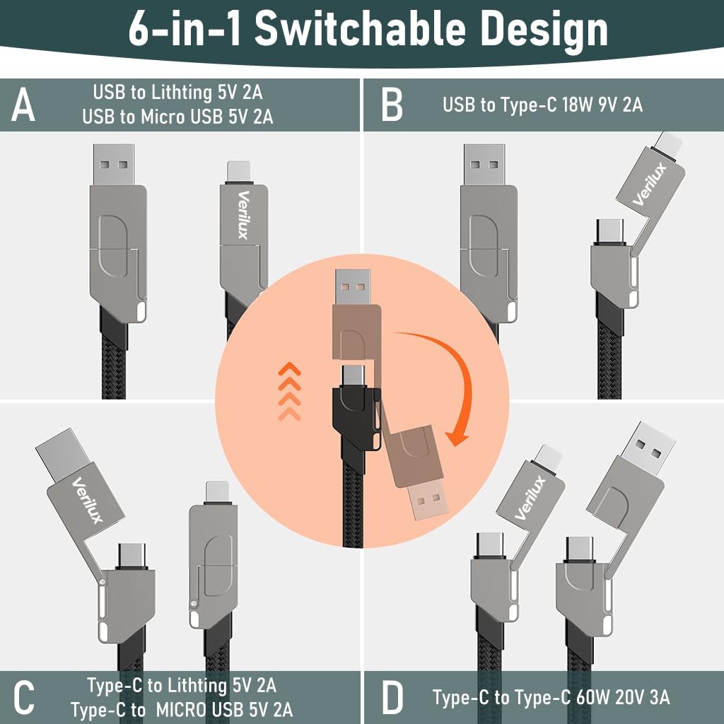 4 in 1 USB/Type C to USB C/Light- ning Charging Cable - verilux