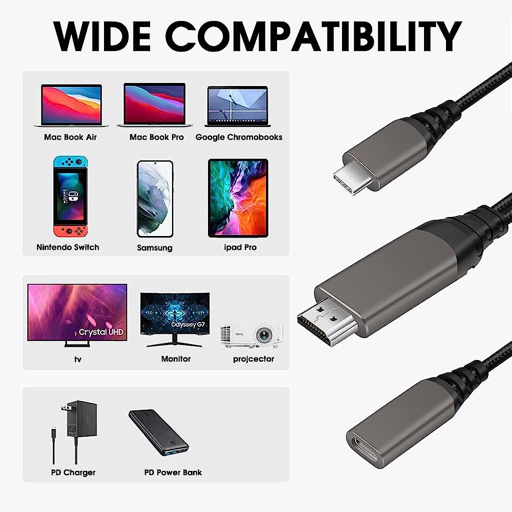 Verilux USB C to HDMI Cable 6 FT, USB C to HDMI Adapter 4K30Hz with USB C PD 60W Charging Port Compatible with MacBook Pro/Air,Samgsun S9/S9+/S8/S8+/S10,LG g5/LG g6/950,Switch,More USB C Devices - verilux