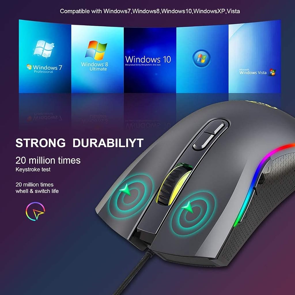 Verilux® Wired Gaming Mouse Ergonomic Gaming Mouse with 7 Programmable Keys,6 Adjustable DPI,LED Backlit USB Plug and PlayFor Laptop, PC, Windows, Mac - verilux