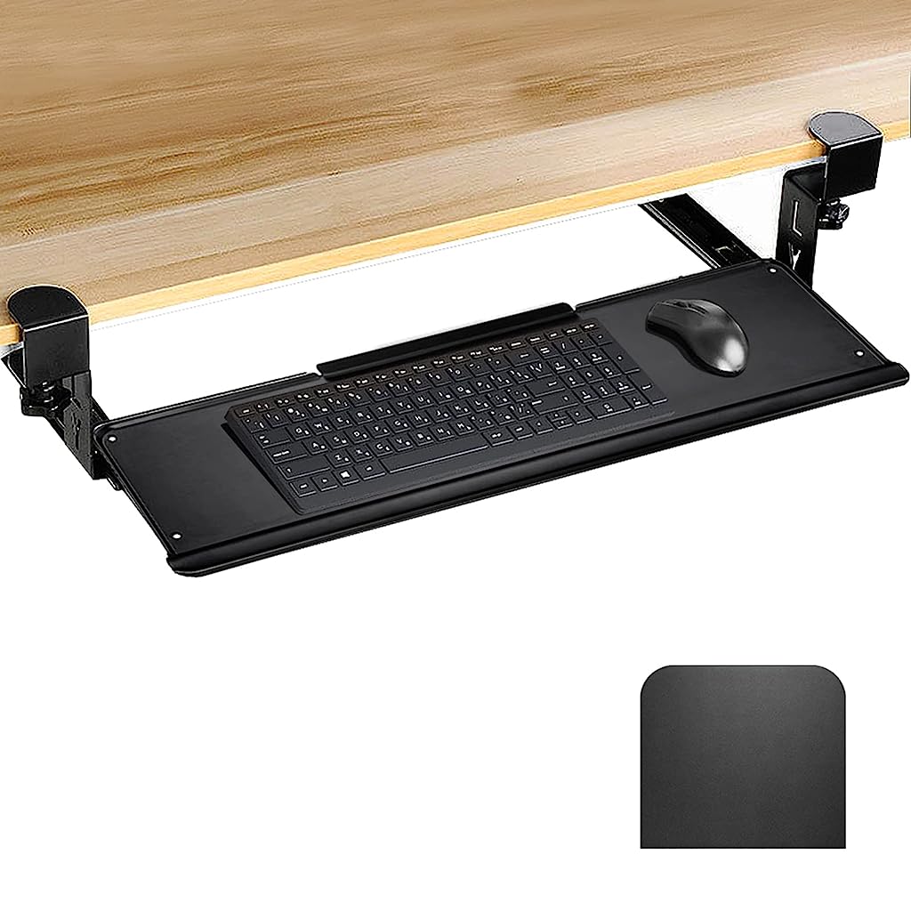 Verilux Keyboard Stand with Mouse Mat, Keyboard Tray Under Desk, Pull Out Keyboard Rack, Nail-Free Installation Drawer Style Keyboard Rack Clamp Mount Pull Out Keyboard Holder for PC/Office Desk
