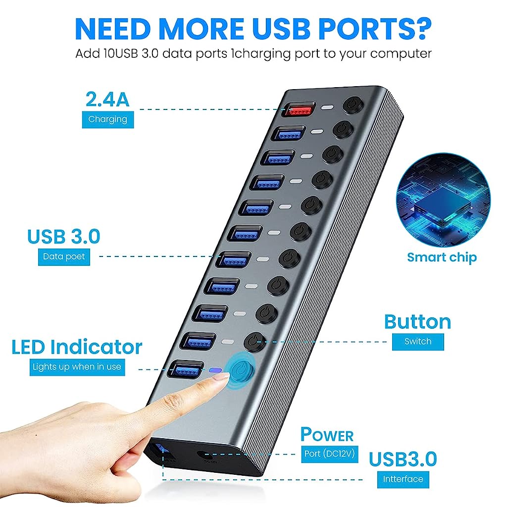 Verilux Powered USB Hub 11 in 1 USB HUB with Individual On/Off Switches and 12V/4A Power Adapter USB Hub 3.0 Splitter Multi USB Port for Laptop, PC, Computer, Mobile HDD, Flash Drive Mouse, Keyboard - verilux