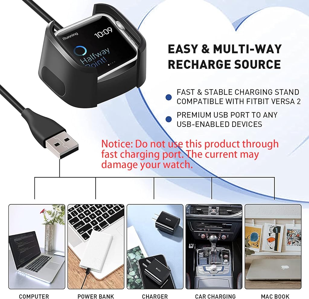 ZORBES® USB Charger for Fitbit Versa 2 Smart Watch Charger Fitbit Versa 2 Charger Charging Dock Stand with USB Cable - verilux