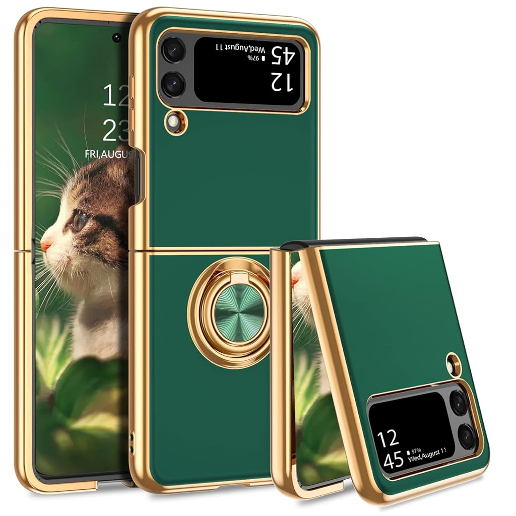 ZORBES® Phone Case for Samsung Galaxy Z Flip 4 Luxury Electroplating Metal Framed TPU Phone Case with Phone Grip Anti-Scratch Phone Cover for Samsung Galaxy Z Flip 4, Green - verilux