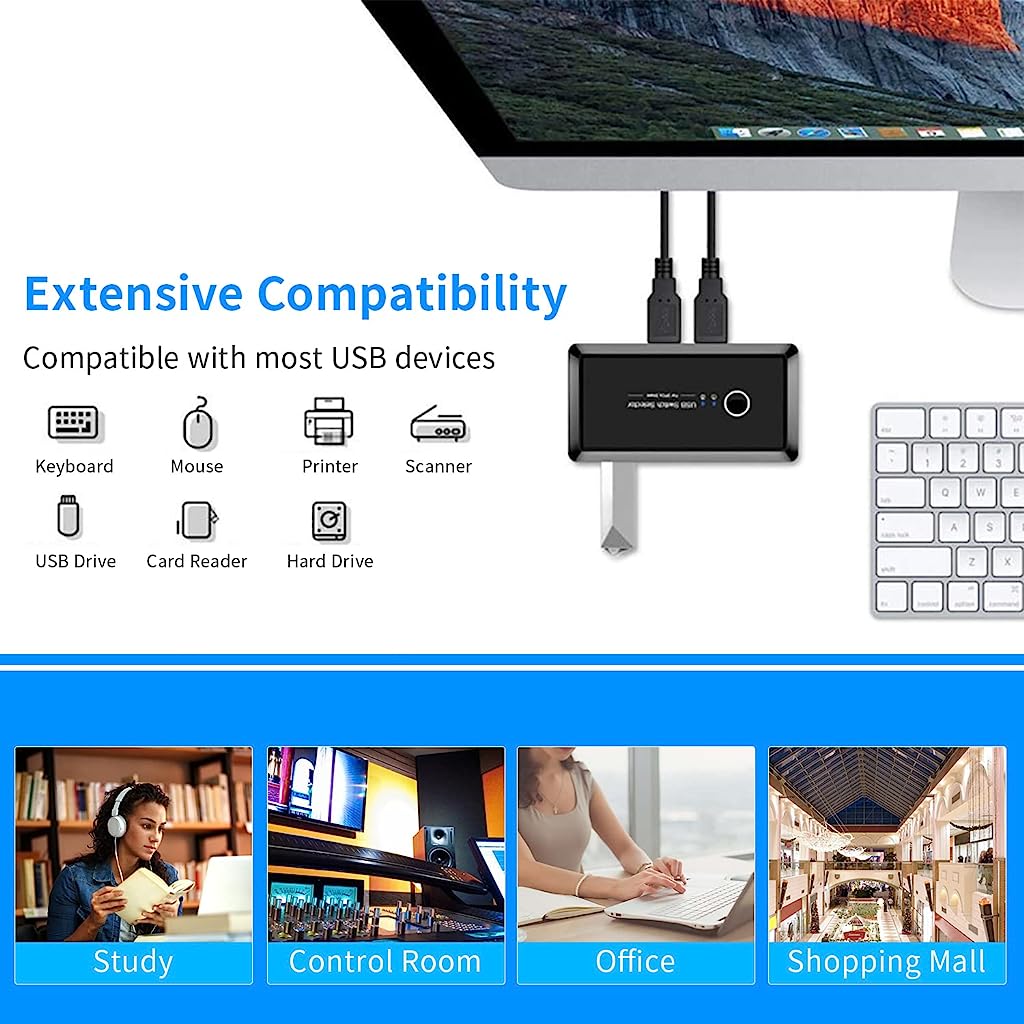 Verilux USB 3.0 KVM Switch Hub Adapter 2 Computers Sharing 4 USB Devices KVM Switch Hub Adapter for Keyboard Mouse Printer Scanner U-Disk, KVM Console Box Compatible with Mac/Windows/Linux - verilux