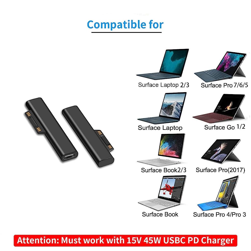 Verilux USB C to Surface Charging Connector, PD Adapter 45W Fast Charging Converter Compatible for Microsoft Surface Pro X/8/7/6/5/4/3 Go 1/2 Surface Laptop 4/3/2/1 (1 Pack, Connector Only) - verilux