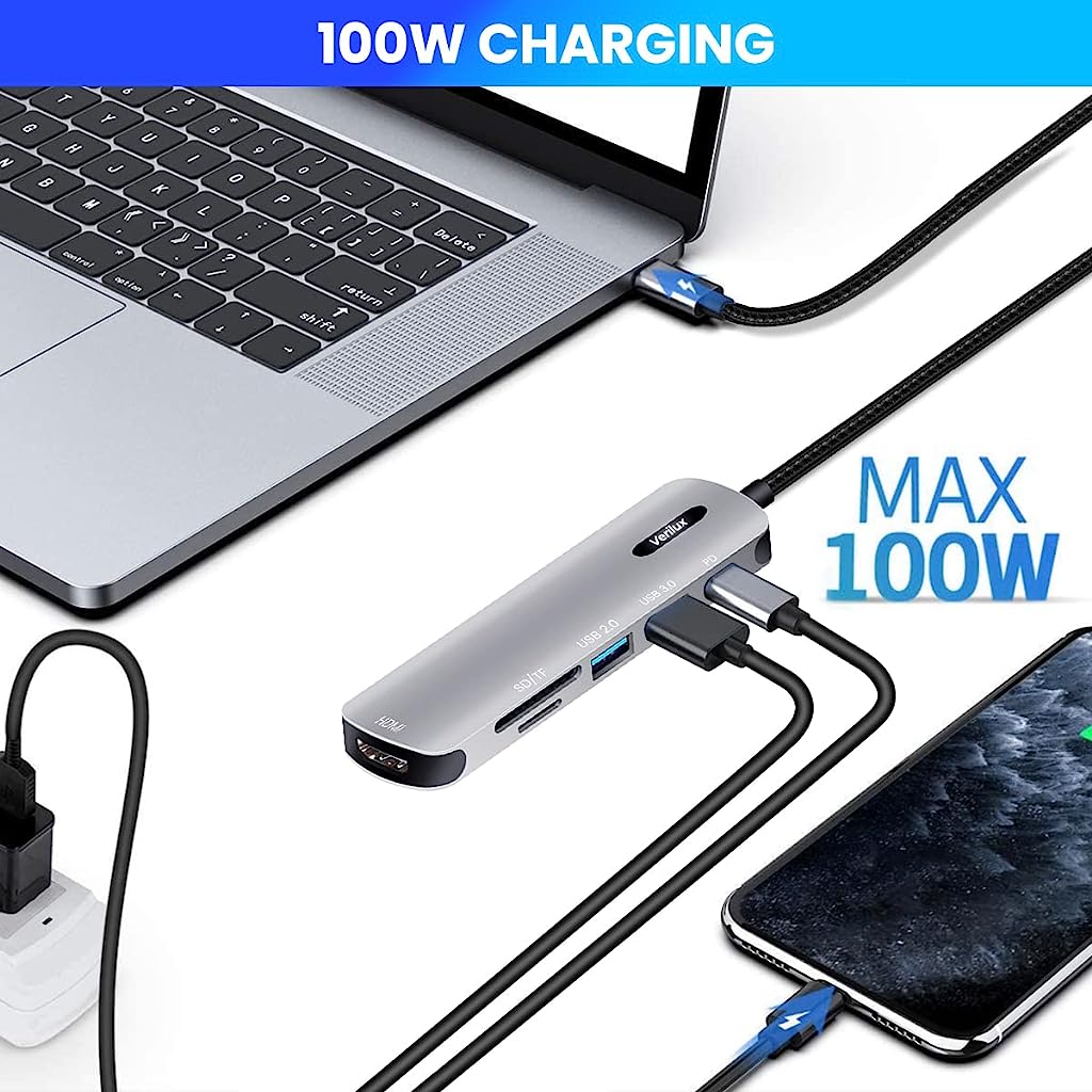 Verilux USB C HUB 6 in 1 Type C HDMI Adapter Type C Hub with 4K@30Hz HDMI, USB 2.0/3.0 Port, SD/TF Card Reader, 2 in 1 PD 100W & USB C Data Port for Laptop, MacBook Pro/Air M1&M2 (20cm Braided Cable)