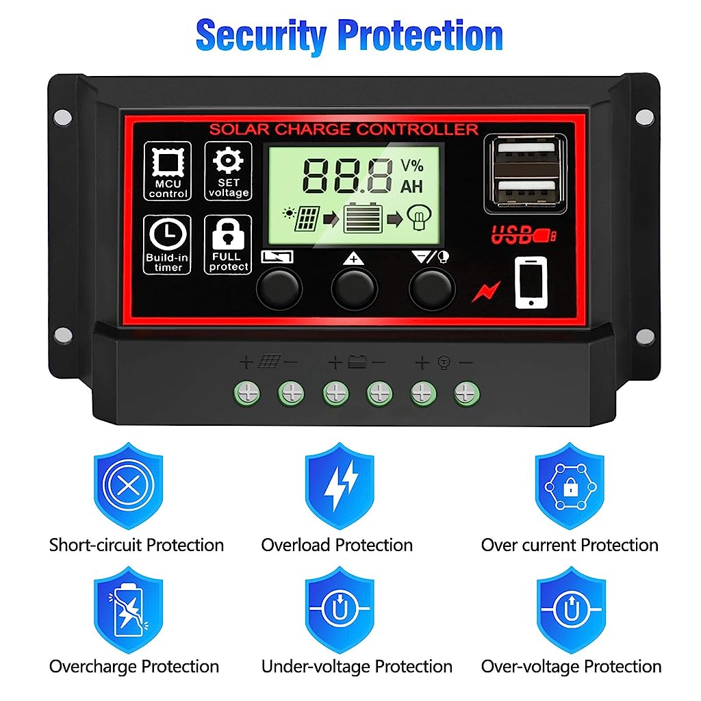 Verilux 10A Solar Charge Controller, Black Solar Panel Battery Smart Regulator, Dual USB Ports 12V/24V PWM Automatic Paremeter Adjustable LCD Display - verilux