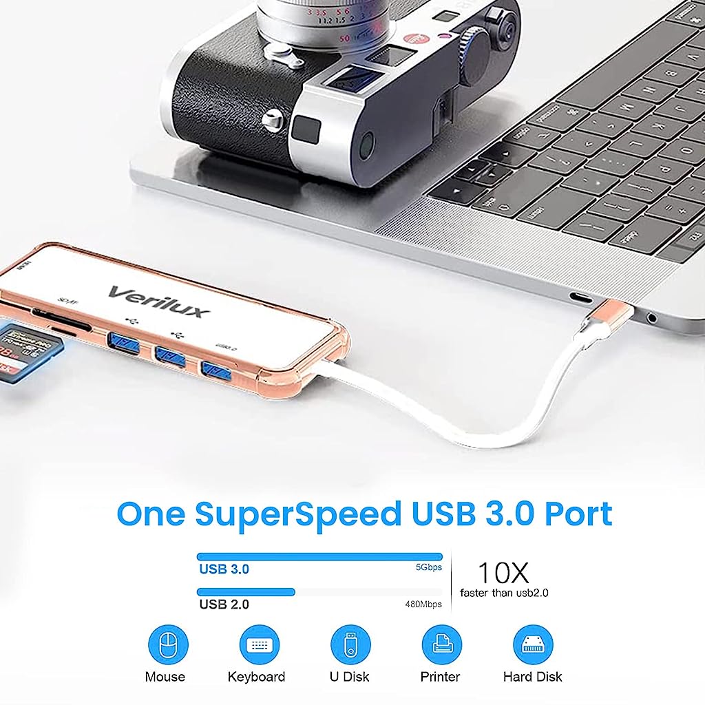 Verilux USB C Hub Multiport Adapter- 6 in 1 Portable Zinc Alloy Type C Hub with 4K HDMI Output, USB 2.0/3.0 Ports, SD/Micro SD Card Reader Compatible for MacBook Pro, MacBook Air, Type-C Devices
