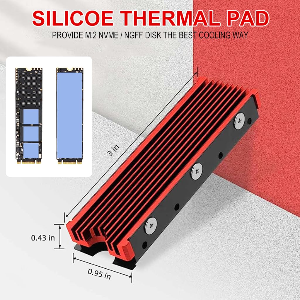 ZORBES® M.2 SSD Heatsink, Aluminum M.2 2280 SSD Heatsink with Thermal Silicone Pad for PC / PS5 M.2 PCIE NVMe SSD or M.2 SATA SSD (Red) - verilux