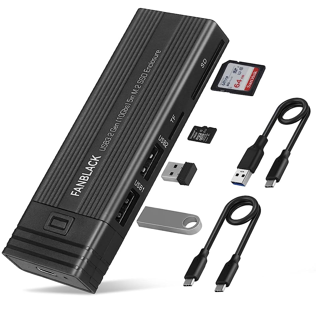 Verilux M.2 NVMe SSD Enclosure External Hard Disk Case with 4 in 1 Hub, USB 3.2 Gen 2 10Gbps HDD Adapter MKey(B+M Key) with 2 USB Port Support SD/TF Cardread, Support UASP Trim for 2242/2260/2280