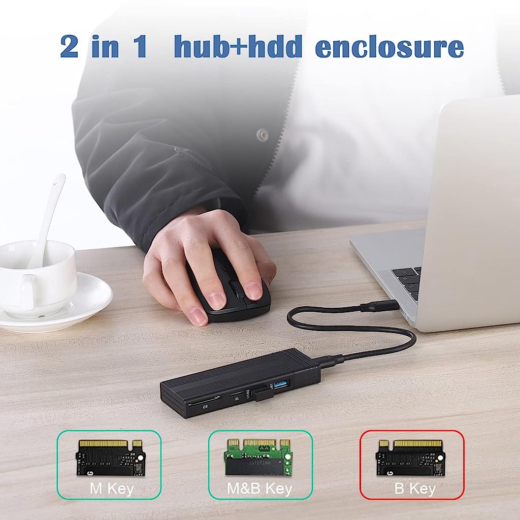 Verilux M.2 NVMe SSD Enclosure External Hard Disk Case with 4 in 1 Hub, USB 3.2 Gen 2 10Gbps HDD Adapter MKey(B+M Key) with 2 USB Port Support SD/TF Cardread, Support UASP Trim for 2242/2260/2280