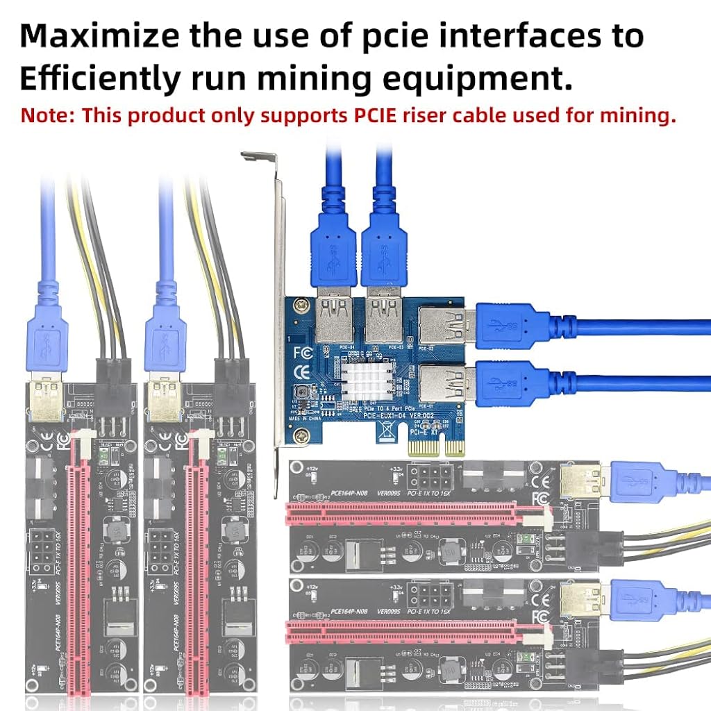 Verilux® PCIe 1 to 4 Riser Card Pcie Splitter 1 to 4 PCI Riser Card, 4 Risers into 1 PCI Card, PCIe Risers 1X to External 4 PCI-e USB 3.0 Adapter Multiplier for Bitcoin Miner Device - verilux