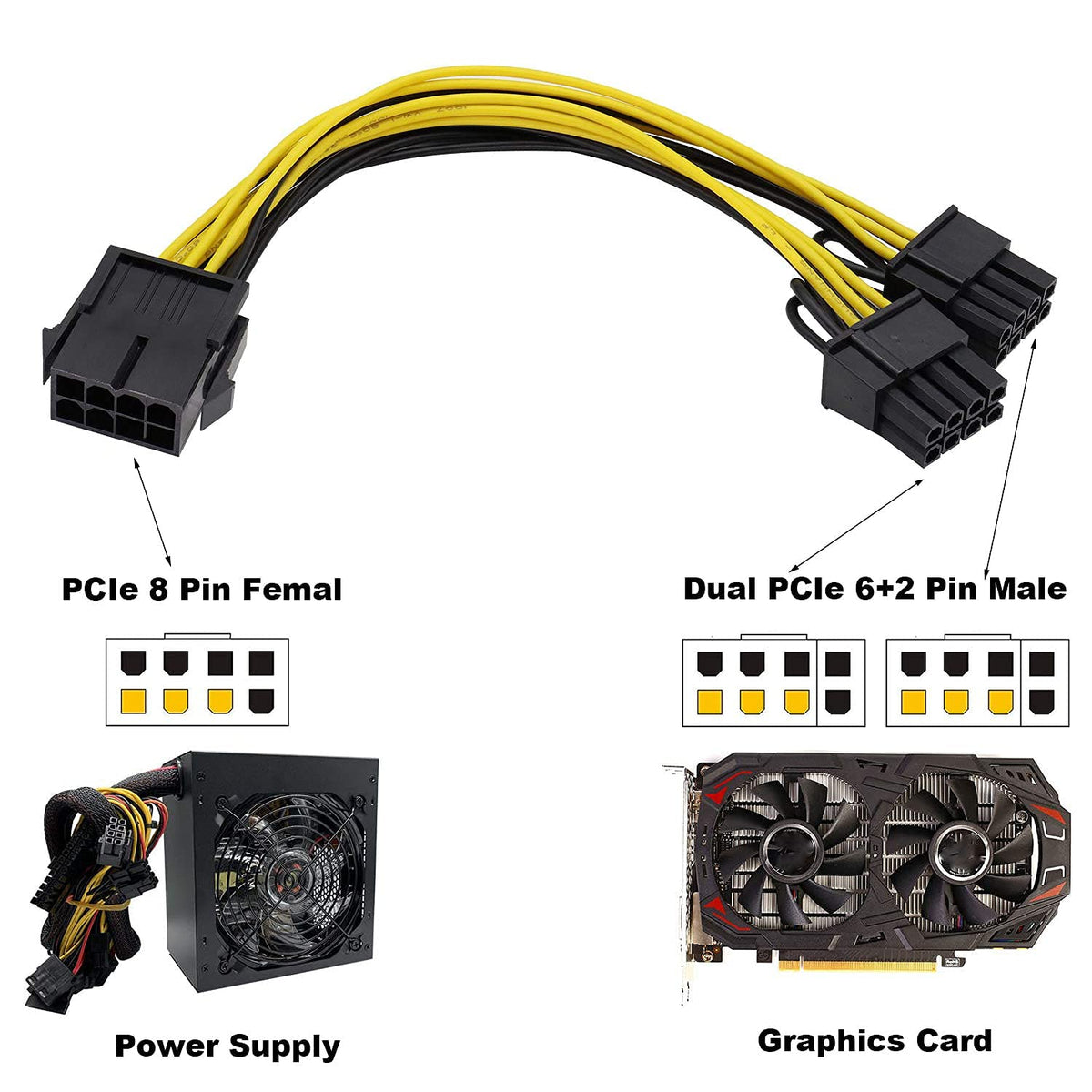 PCI-E 8 Pin Female to Dual 8 Pin (6+2) Male PCI Express 12.5 Inches (6 Pack) - verilux