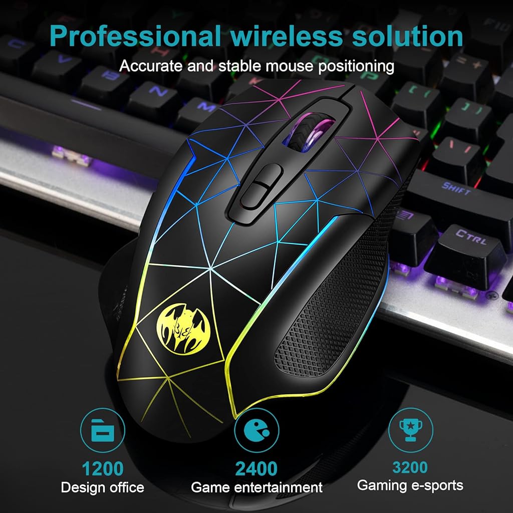 ZORBES® 2.4G Wireless Ergonomics Optical Mouse 7 Keys PC Mouse 3 Adjustable DPI Wireless Gaming Mouse with USB Receiver Cool RGB Backlit for Laptop,Desktop,PC - verilux